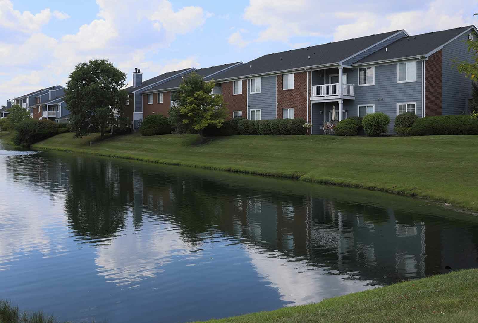 Water feature and landscaping at Landings at Beckett Ridge.