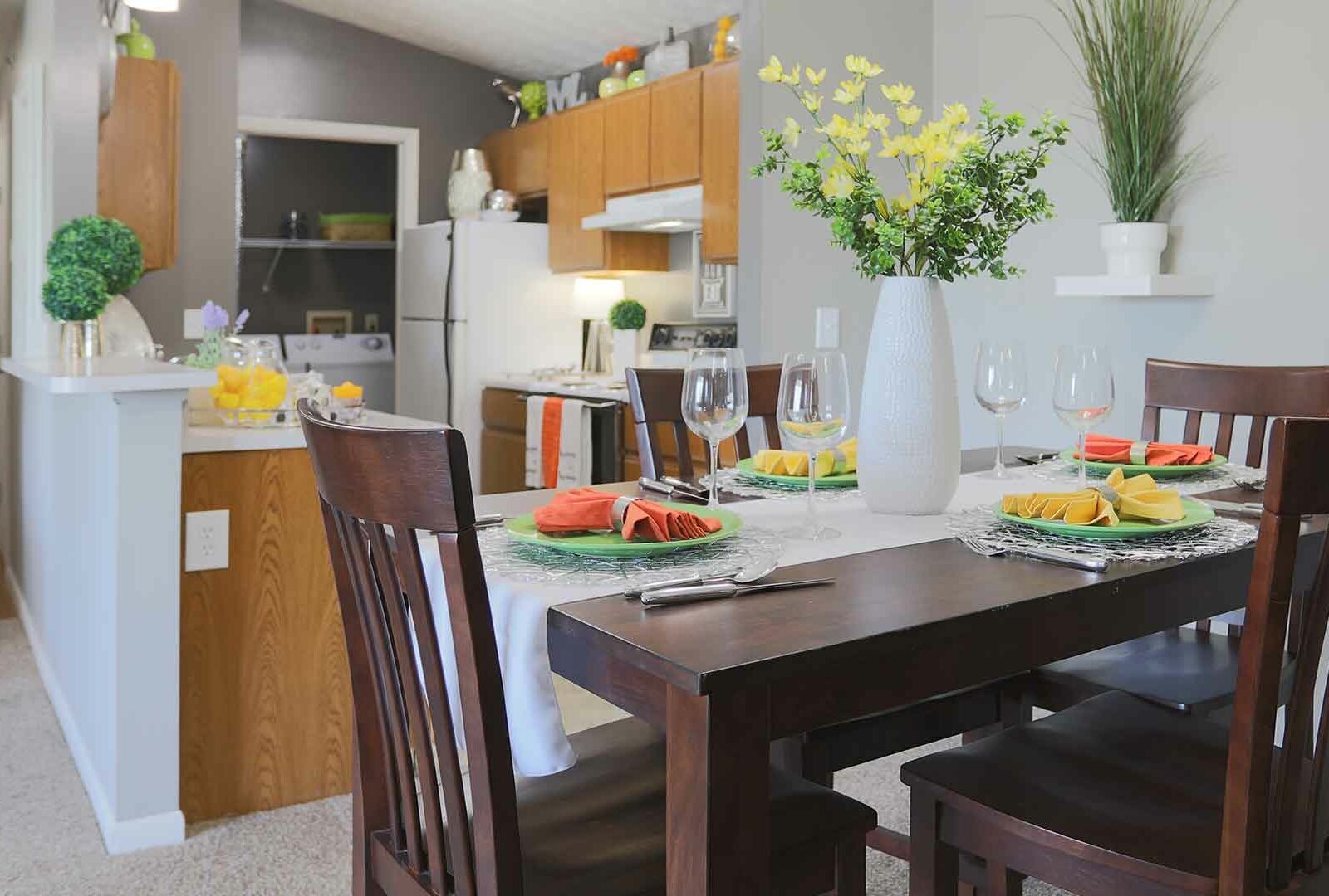 Decorated dining and kitchen space at Mallard Landing.