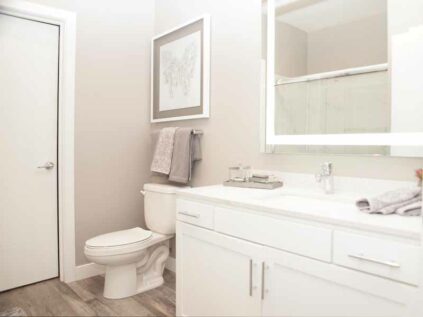 Bathroom with white cabinetry and wood flooring.