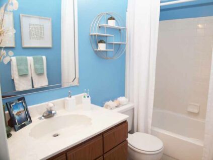 Bathroom with combination tub and shower at Fox Chase North.
