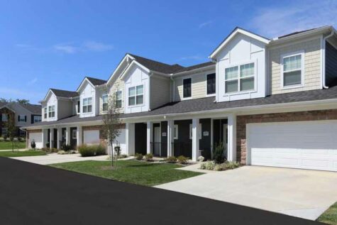 Exterior of townhomes at Greyson on 27 with attached garages.