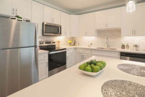 Luxury kitchen with white quartz countertops and new appliances.