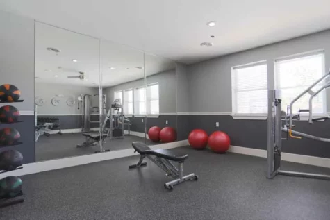 Fitness center with free weights and machines at Mallard Landing.