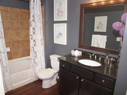 Bathroom with shower tub, toilet, and sink.