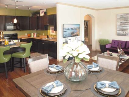 Decorated living, dining, and kitchen space at Palmera.