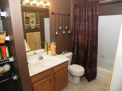 Bathroom with combination tub and shower at Reserve at Miller Farm.