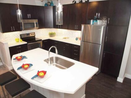 Apartment kitchen with java-stained solid wood cabinets and Whirlpool appliances.