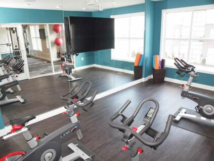 Fitness center with workout machines, mirrors, and a TV.