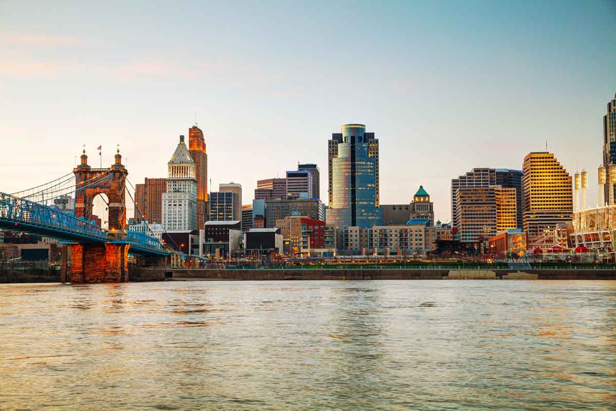The Cincinnati, OH skyline at sunset.