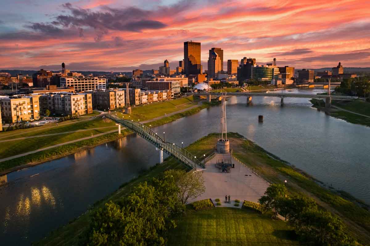 Aerial view of Dayton at sunset.