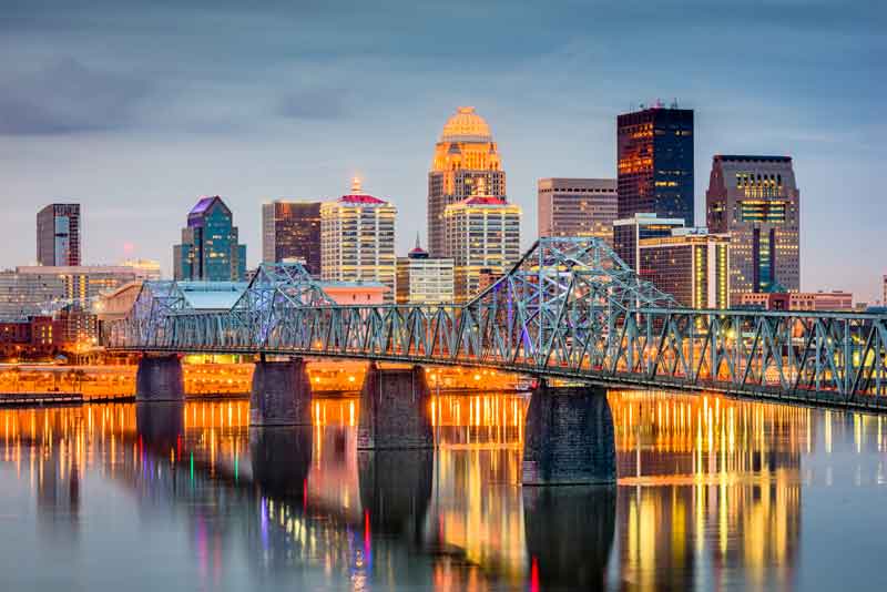 Skyline of Louisville, Kentucky with river and bridge.