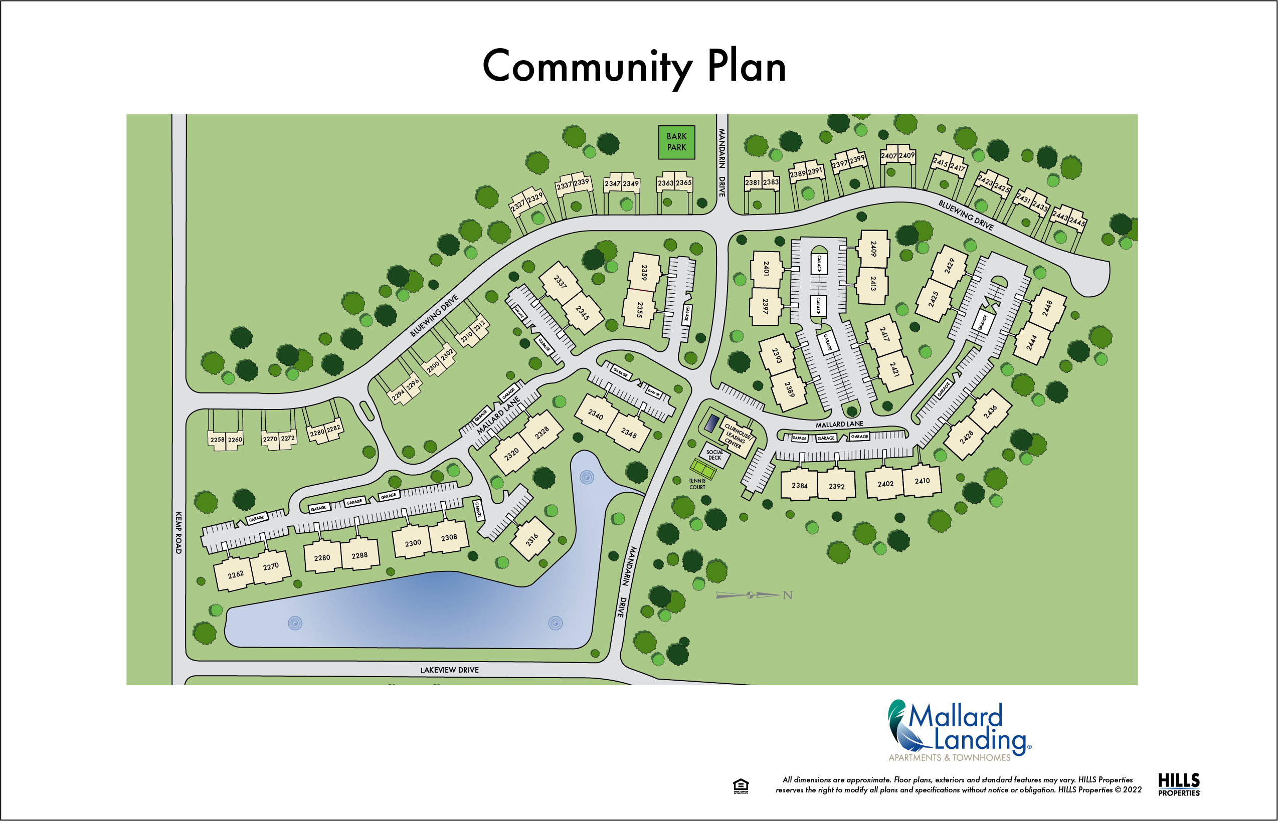 A map of the Mallard Landing apartment complex featuring all buildings and parking options.