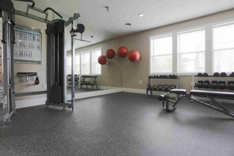 A fitness room featuring a bench, medicine balls, and an all-in-one machine.