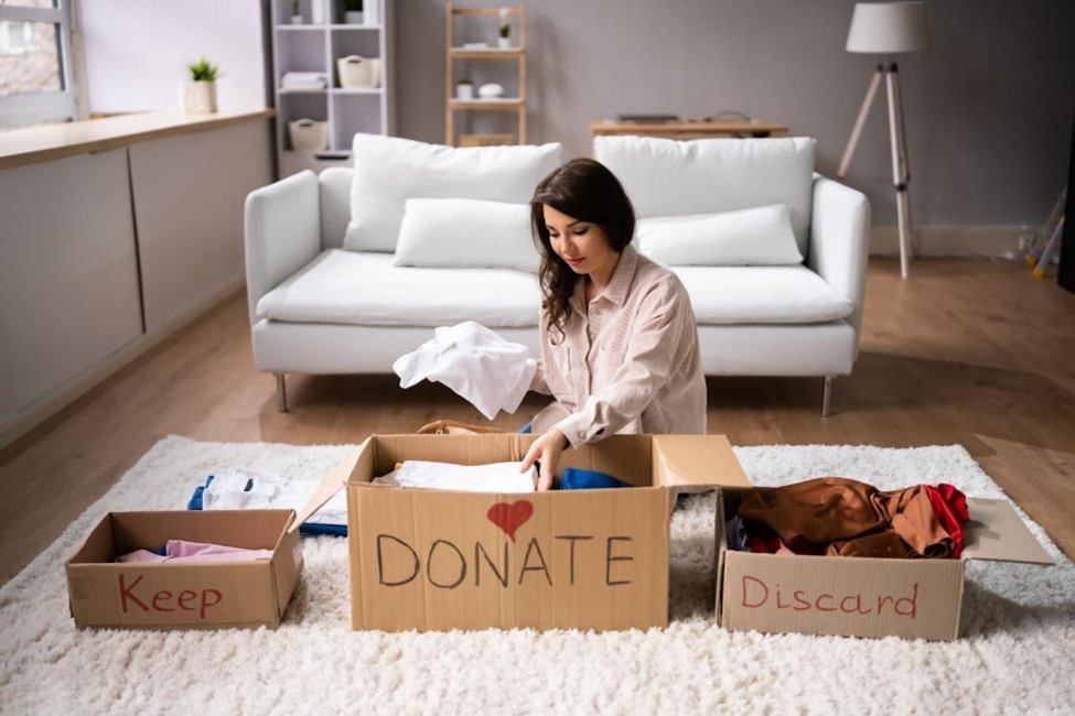 Woman sitting in front of three boxes marked "keep", "donate," and "discard"