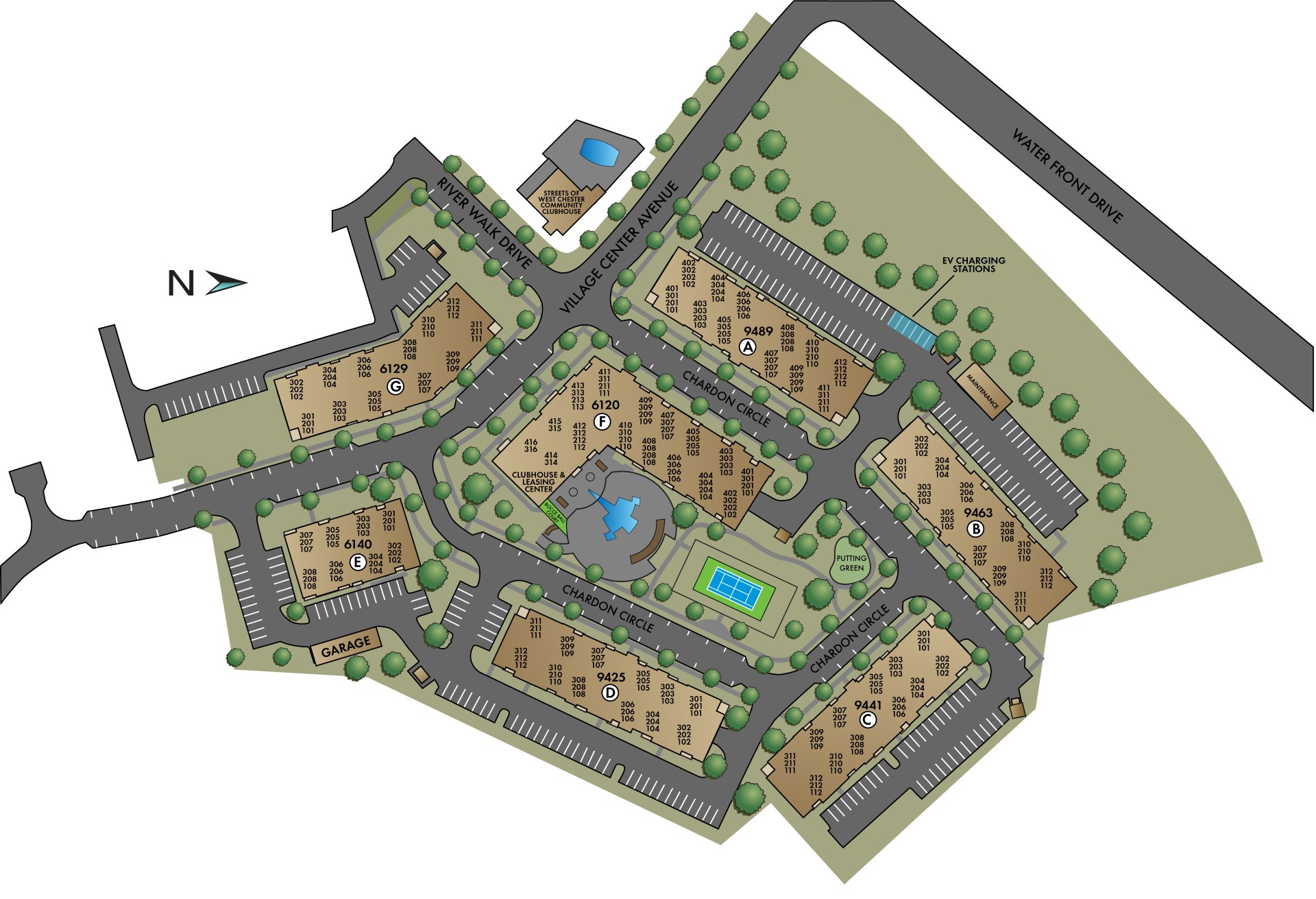 A map of an apartment complex featuring ample parking, a tennis court, and EV charging stations.