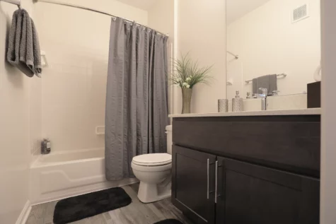 A bathroom featuring a large mirror above a modern sink. A toilet and a bathtub-shower combo.