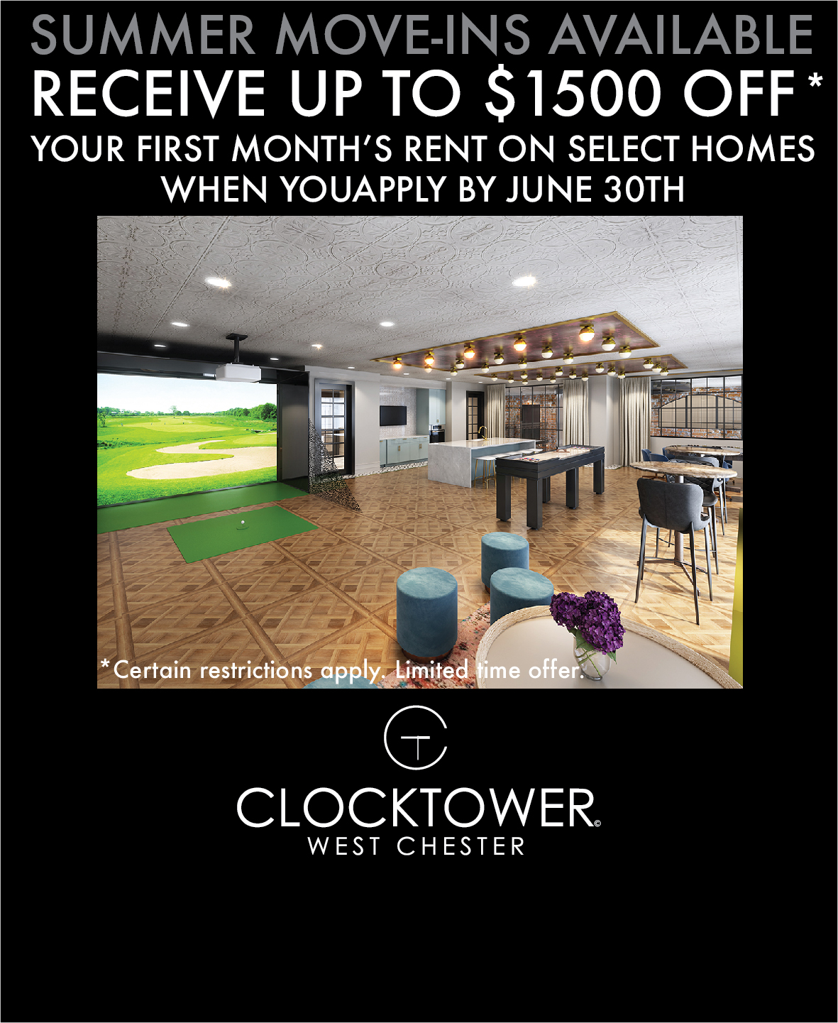Clocktower Promo for June: Receive $1,500 off your first month's rent