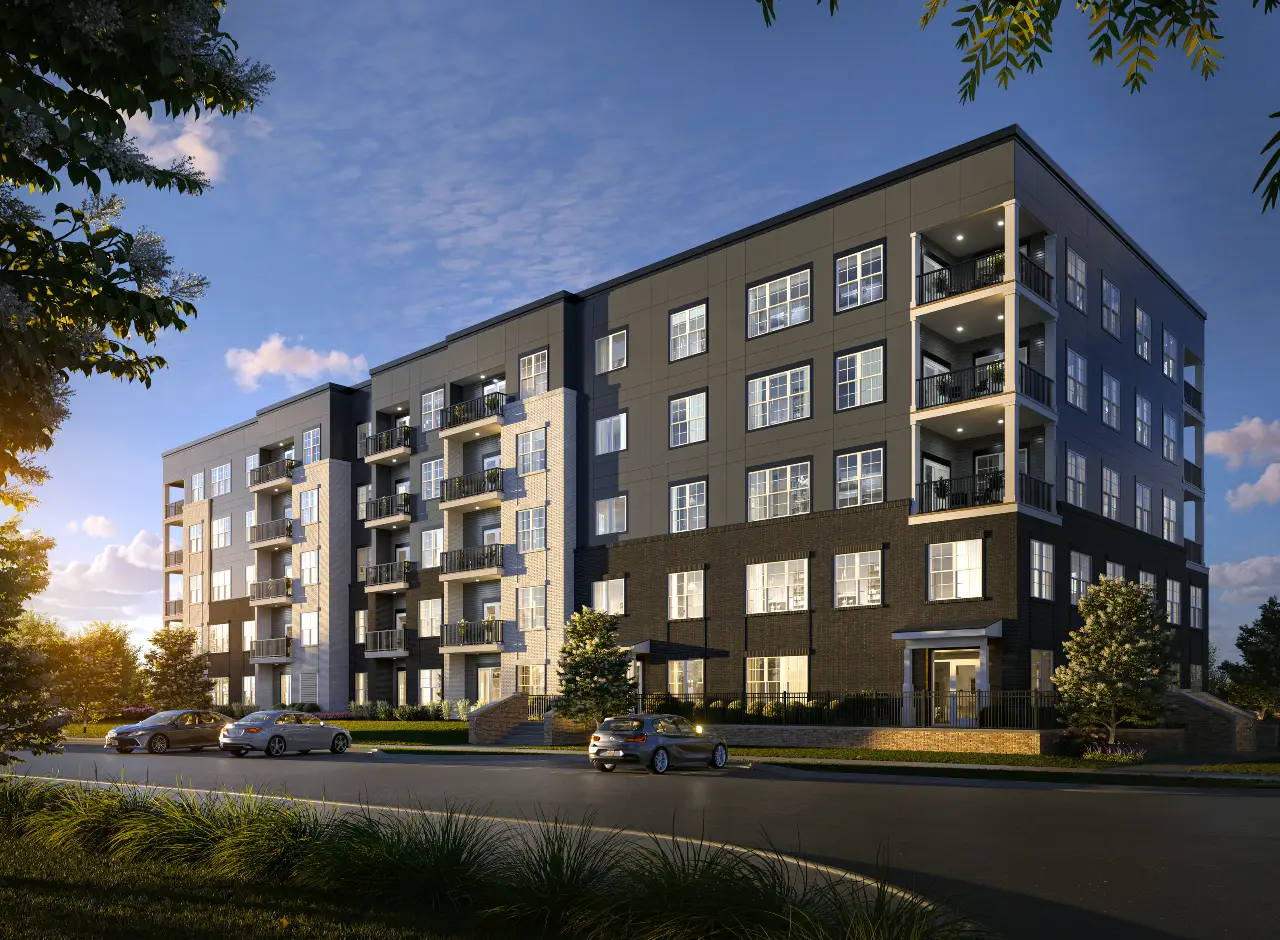 Exterior rendering of Graphite Oakley that showcases large balconies and tenant parking.