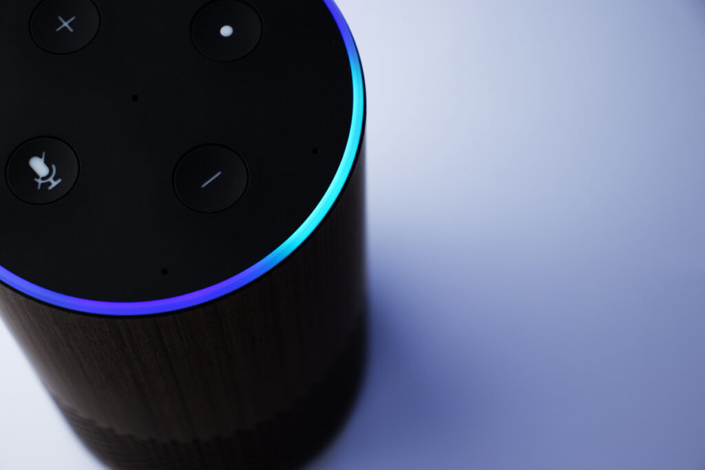 Close up of smart speaker assistant - personal assistant - blue light