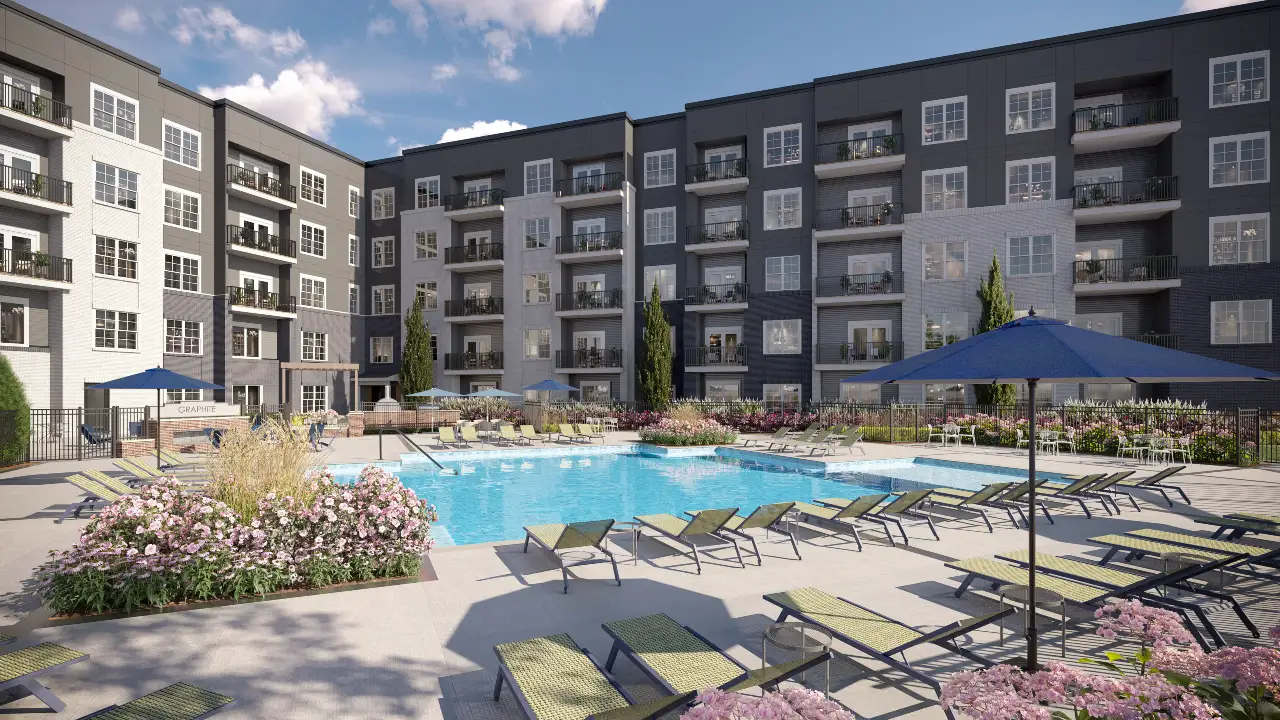 Rendering of the luxury pool at Graphite Oakley surrounded by sun chairs.