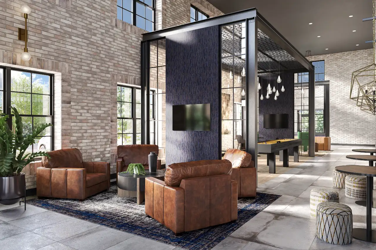 Rendering of the luxury gaming and community room at Graphite Oakley.
