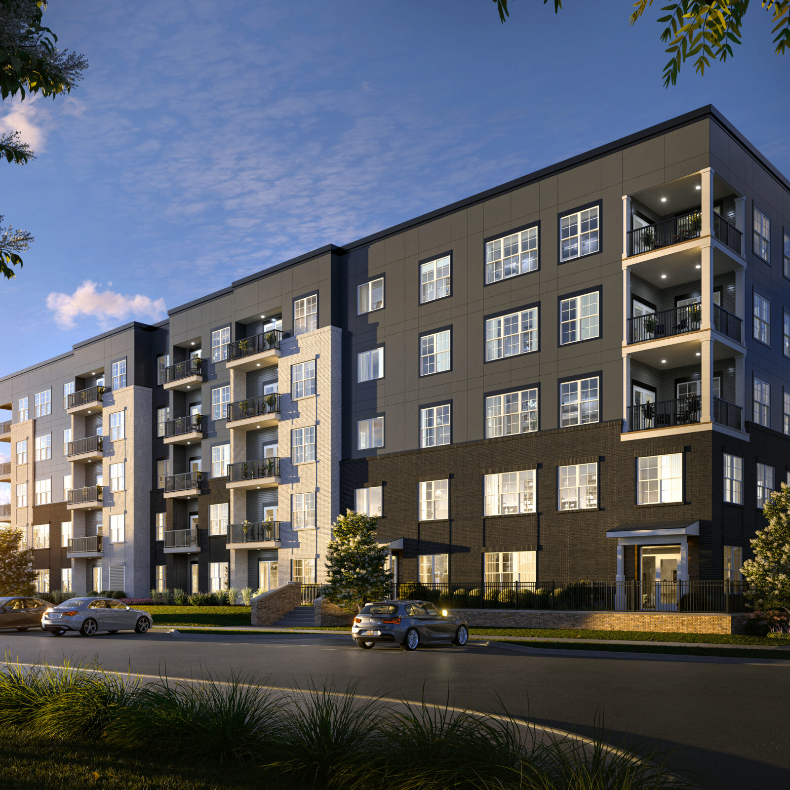 Exterior rendering of Graphite Oakley that showcases large balconies and tenant parking.