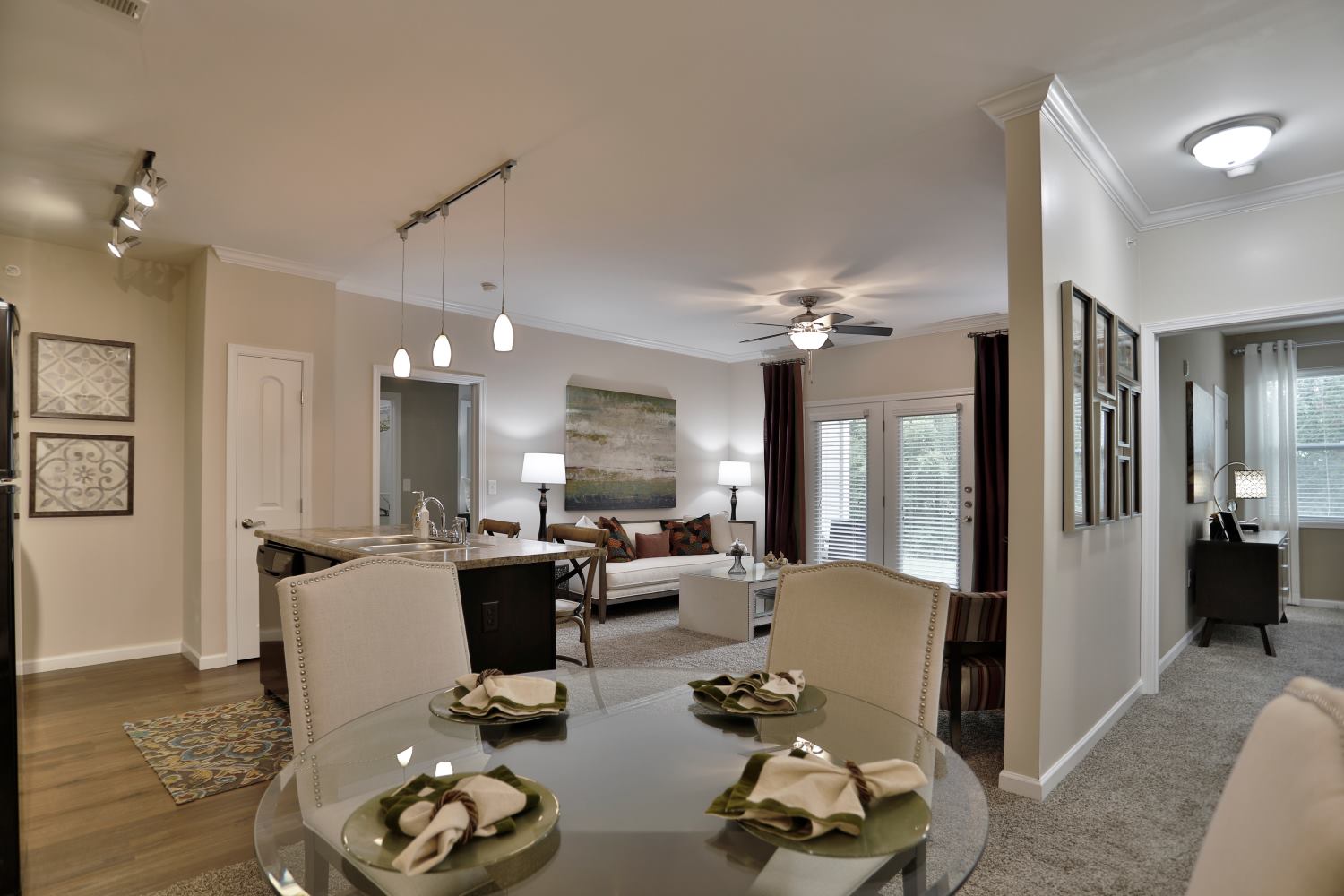 An interior view of a Brinley Place apartment home's dining area.