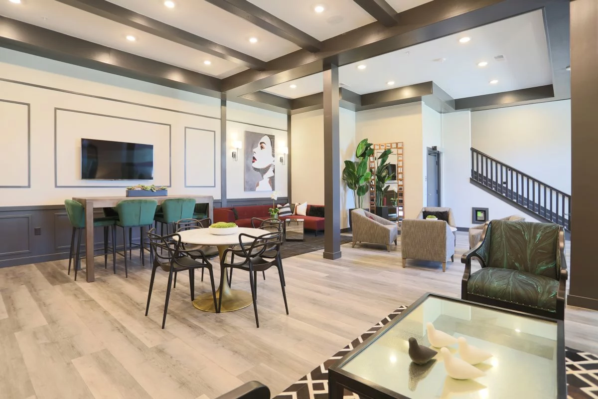 The interior of Element Oakwood's clubhouse and gathering area.