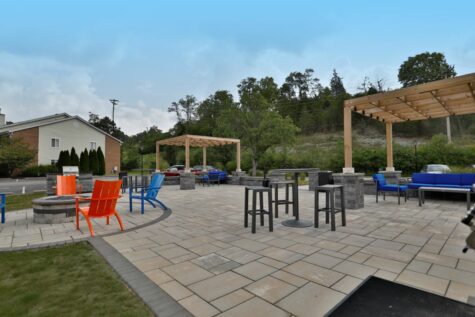 The outdoor seating area, featuring fire pit, at Fox Chase South.