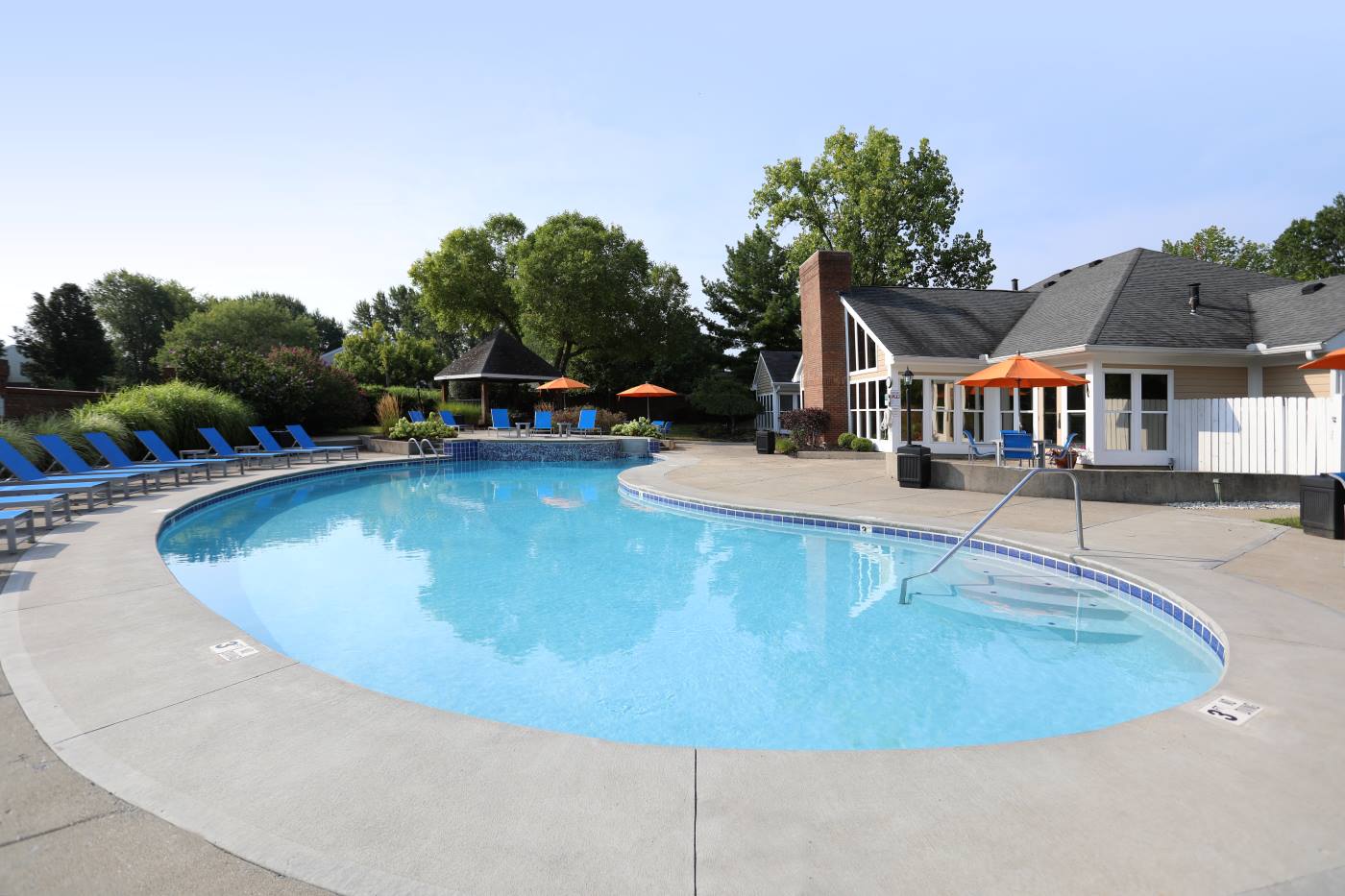 Fox Chase North's outdoor pool deck and communal seating area.