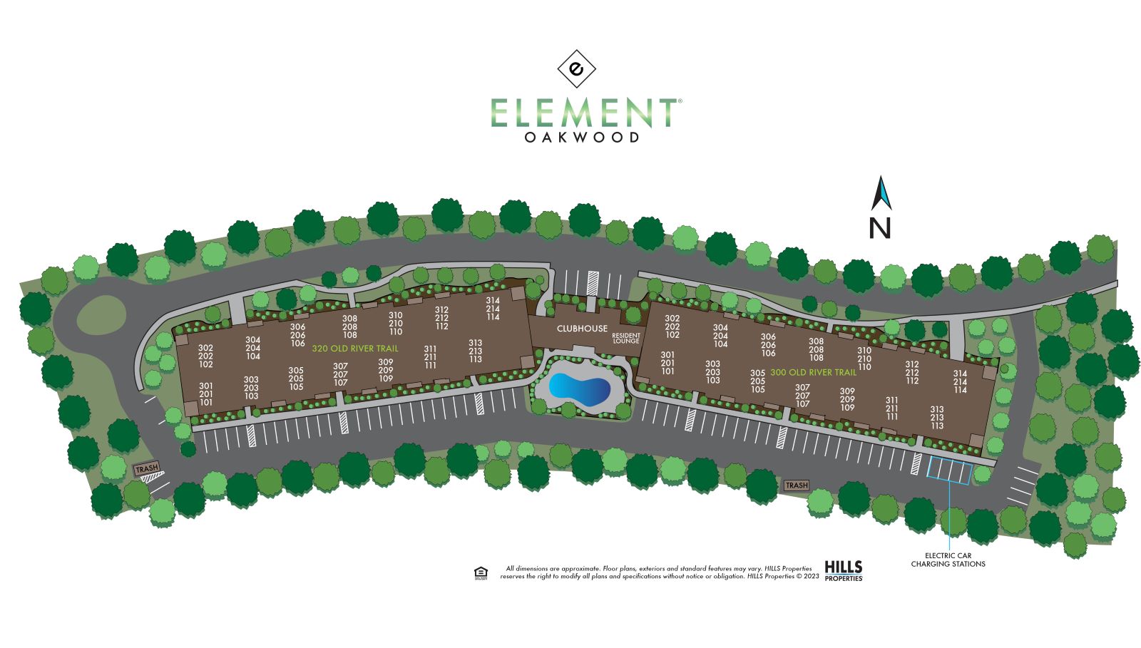 An illustrated map of the Element Oakwood community.