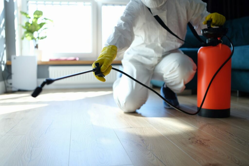 Pest control technician spraying an apartment for bugs and other pests.