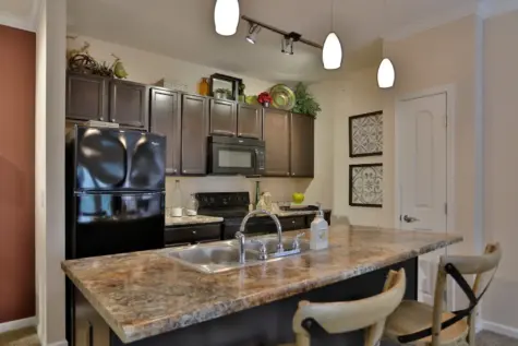 Kitchen with black appliances and dark cabinets