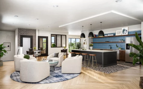 kitchen and lounge area at an apartment