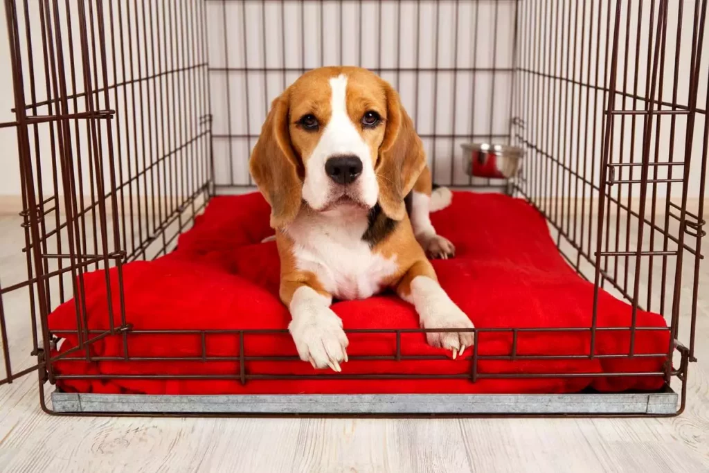 A dog sits in his bed in his pet-friendly apartments.