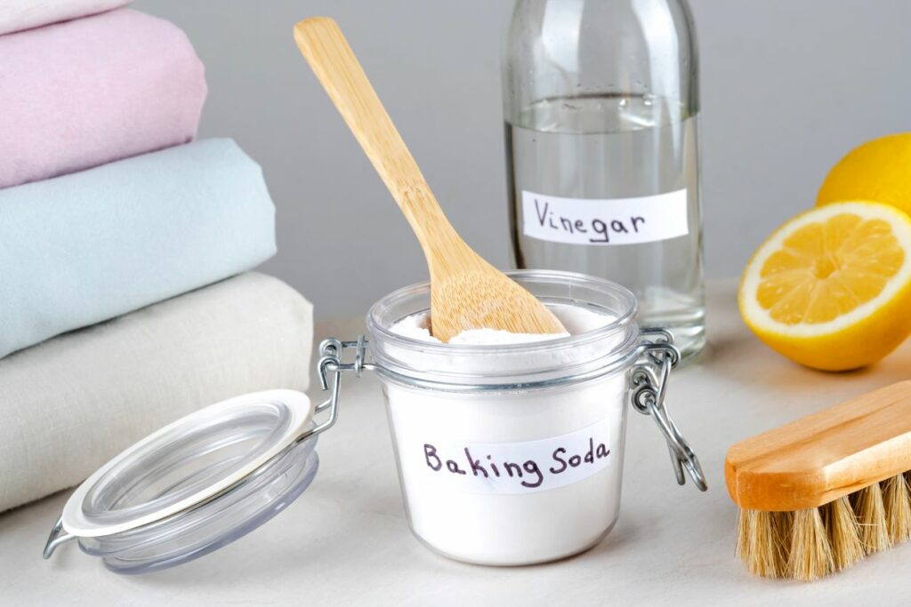 A view of containers of baking soda and vinegar, a halved lemon, a cleaning brush, and folded towels on a table.