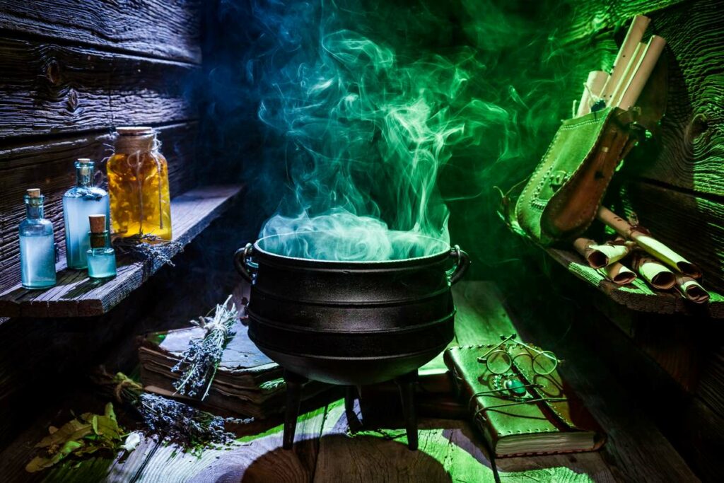 A colorful cauldron steams in a wooden workshop as an unknown potion brews within.