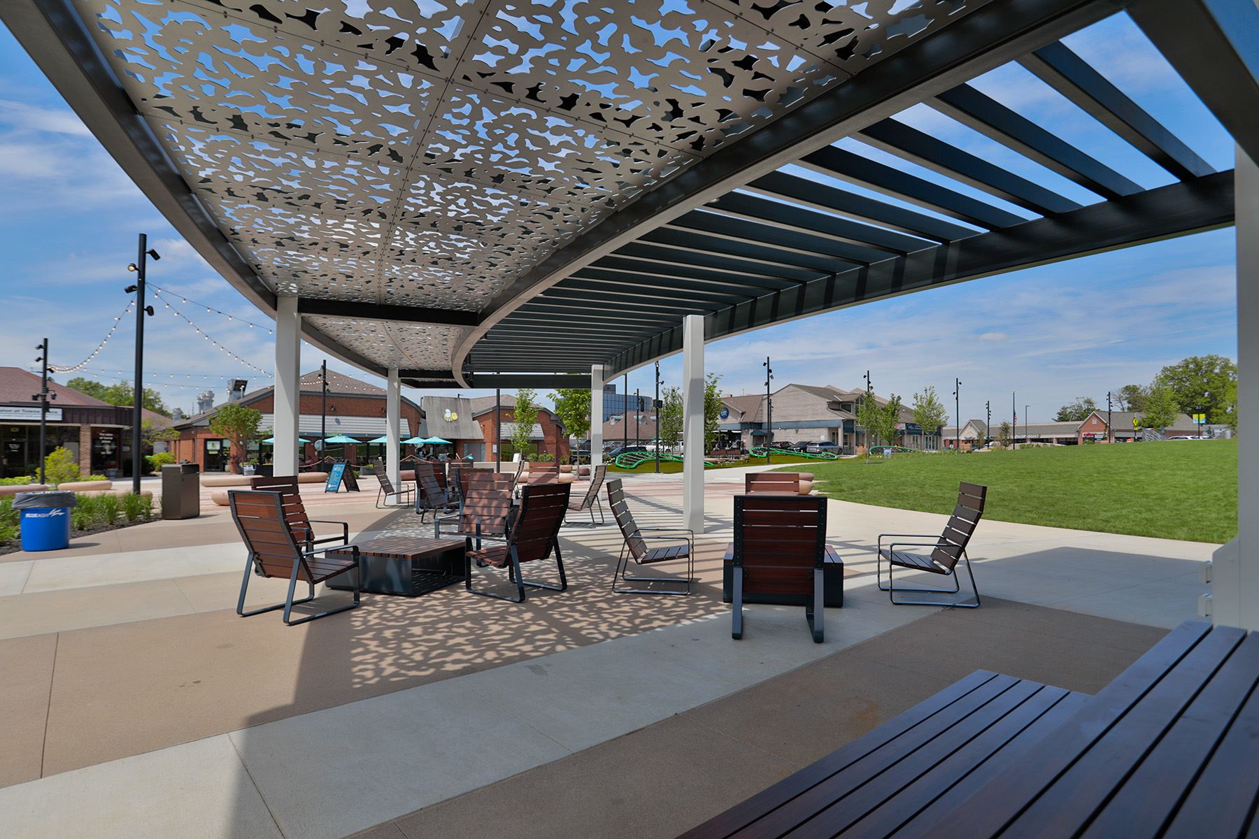 View of the newly developed Blue Ash Bicentennial Veterans Memorial Park near 49Hundred Apartments, showcasing the park’s landscaped grounds and a backdrop of the apartment exterior in a vibrant community setting.