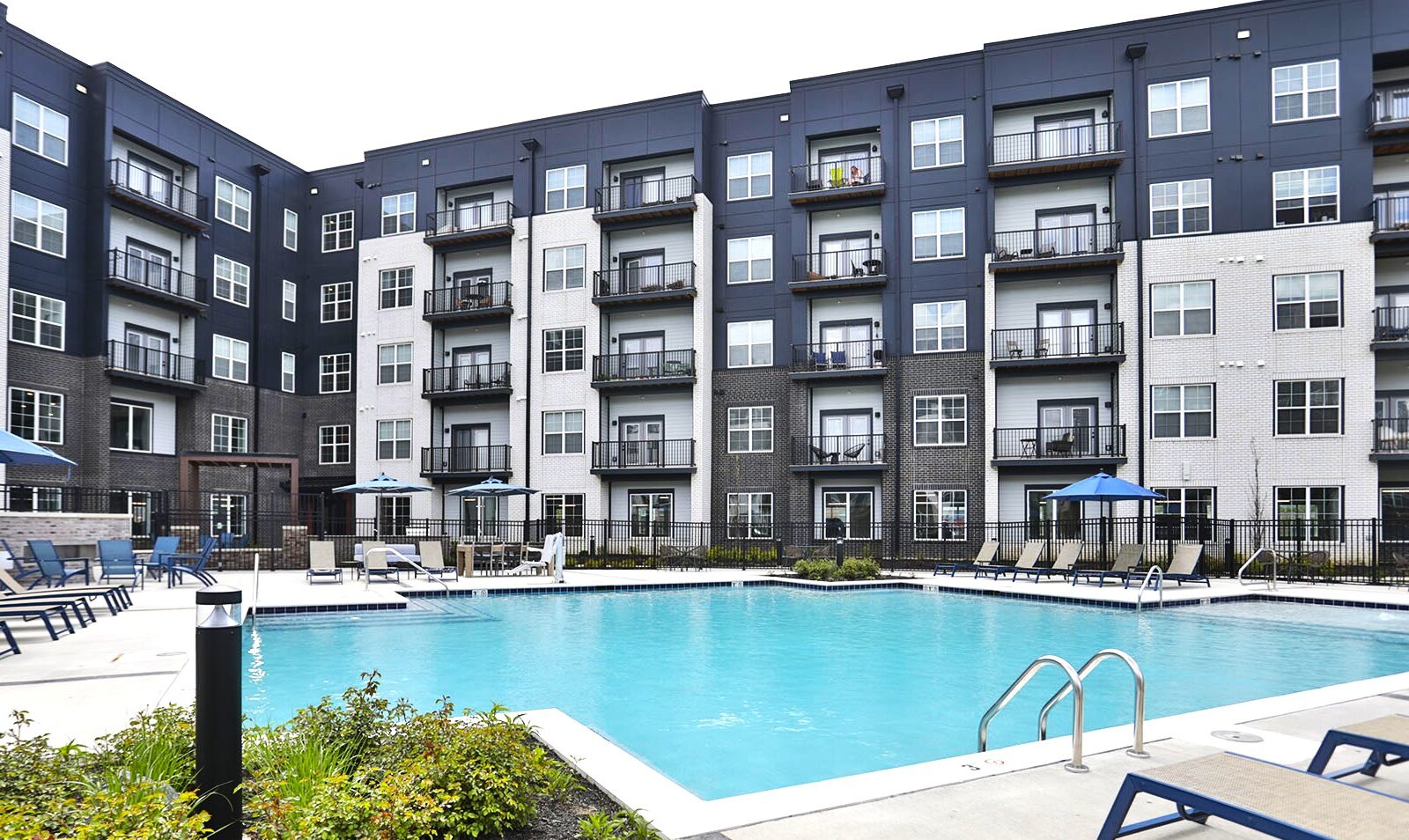 Swimming pool and social deck at Graphite Oakley featuring a modern pool surrounded by lounge seating, stylish decking, and shaded areas designed for relaxation and community gatherings.