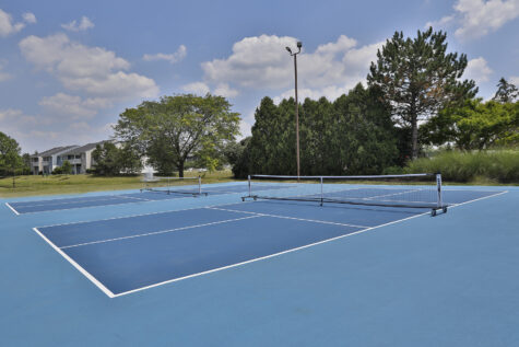 Pickleball court at Wellington Place Apartments with a smooth playing surface, net, and surrounding greenery, offering residents a fun and active outdoor amenity.