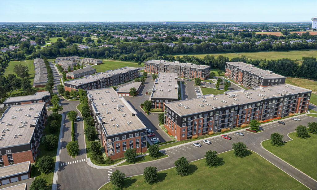 View of the Relay 129 community in Liberty Township with modern buildings, landscaped grounds, and luxury amenities.