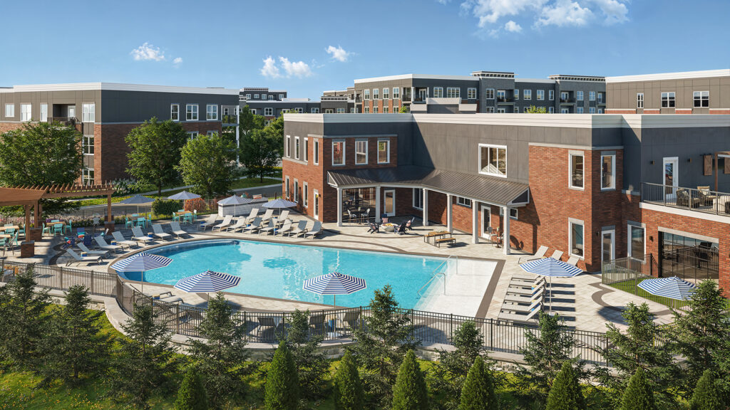 Resort-style pool with tanning shelf and lounge seating at Relay 129 in Liberty Township.