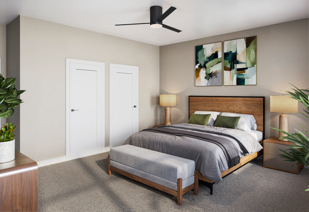 Spacious bedroom with walk-in closet and large window in a Relay 129 apartment in Liberty Township.