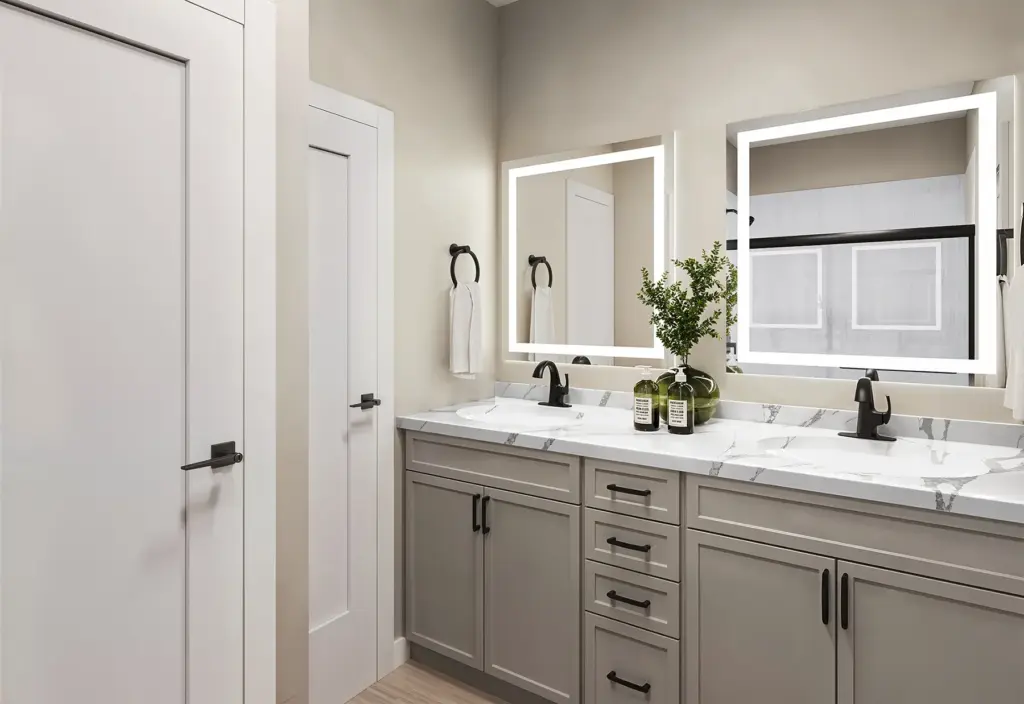Spa-inspired bathroom at Relay 129 in Liberty Township with marble tile, LED mirror, and matte black finishes.