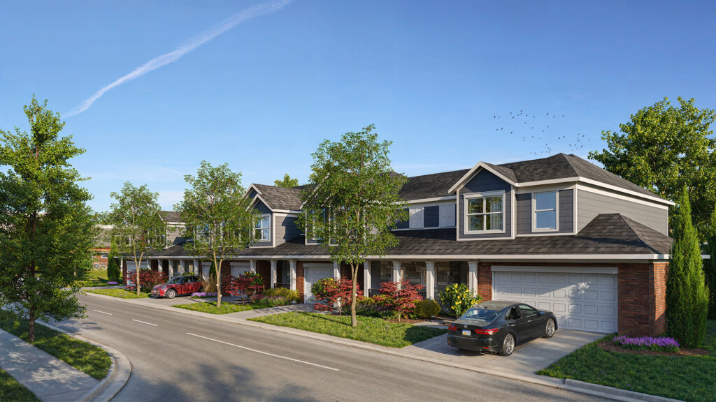 Modern 3-bedroom townhomes at Relay 129 in Liberty Township featuring front porches, private garages, and stylish architecture.
