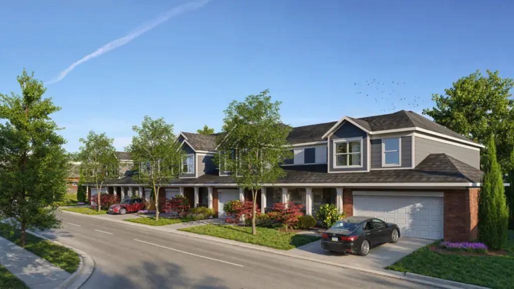 Modern 3-bedroom townhomes at Relay 129 in Liberty Township featuring front porches, private garages, and stylish architecture.
