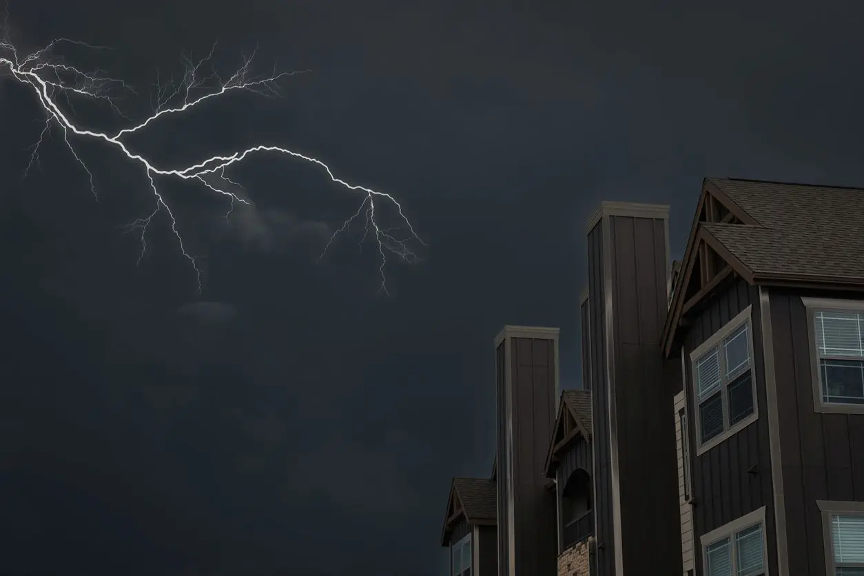 Lightning strikes in the night sky near an apartment community.