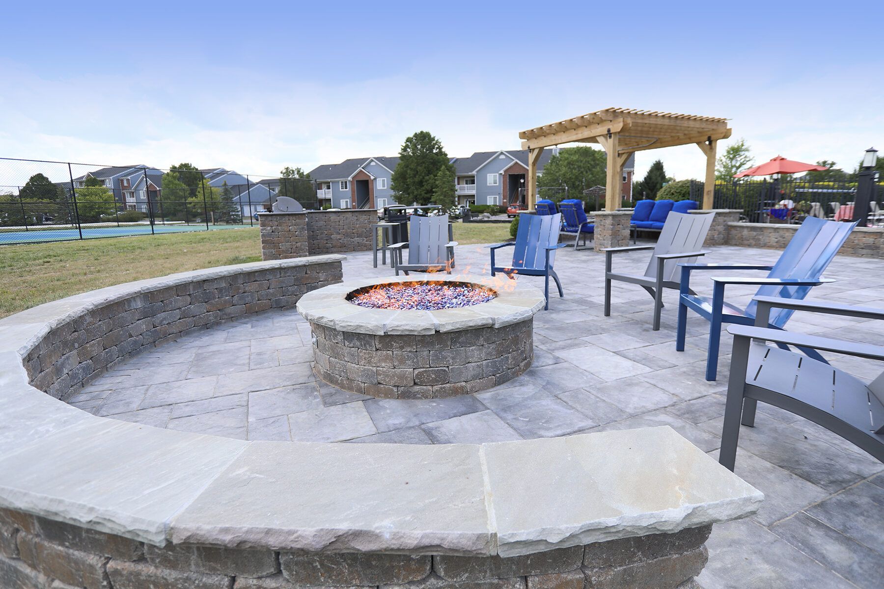 Cozy fire pit with seating at the Landings at Beckett Ridge Social deck