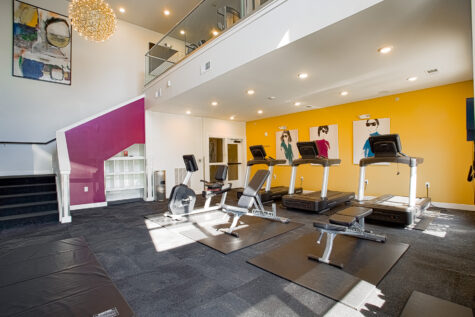 Modern fitness center at Allure Apartments featuring treadmills, recumbent bike, strength equipment, and vibrant contemporary design.
