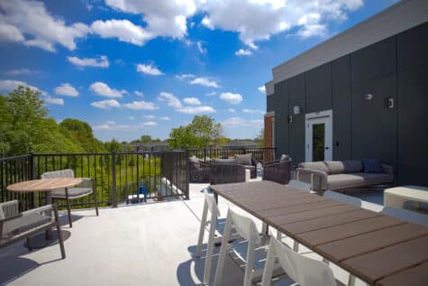 Take in the views from Relay 129’s rooftop terrace, featuring stylish lounge seating, dining areas, and open-air gathering spaces perfect for relaxing, entertaining, or enjoying a sunny afternoon in Liberty Township.